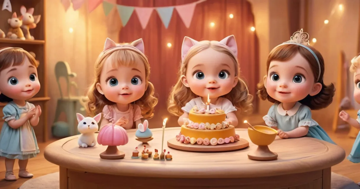 a group of little girls standing around a cake, baby dolls, beautiful, dolls are playing, dolls are smilling