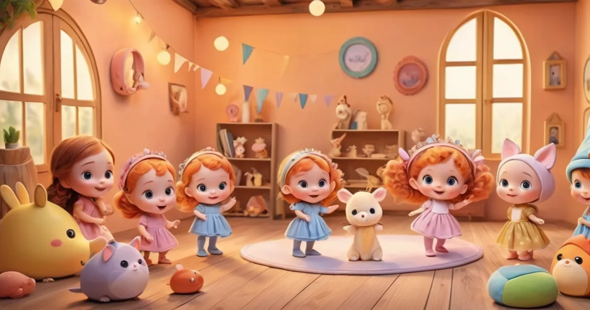 a group of little girls standing in a room, baby dolls, beautiful, dolls are playing, dolls are smilling