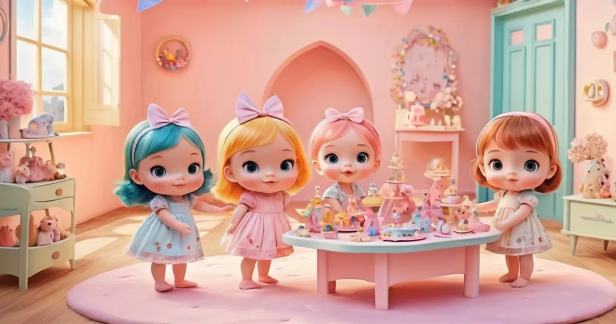 a group of little girls standing around a table, baby dolls, beautiful, dolls are playing, dolls are smilling