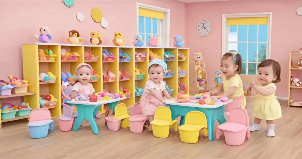 toy, shelf, yellow, pink, dress, toddler, building, social group, window, clock, baby dolls, beautiful, dolls are playing, dolls are smilling