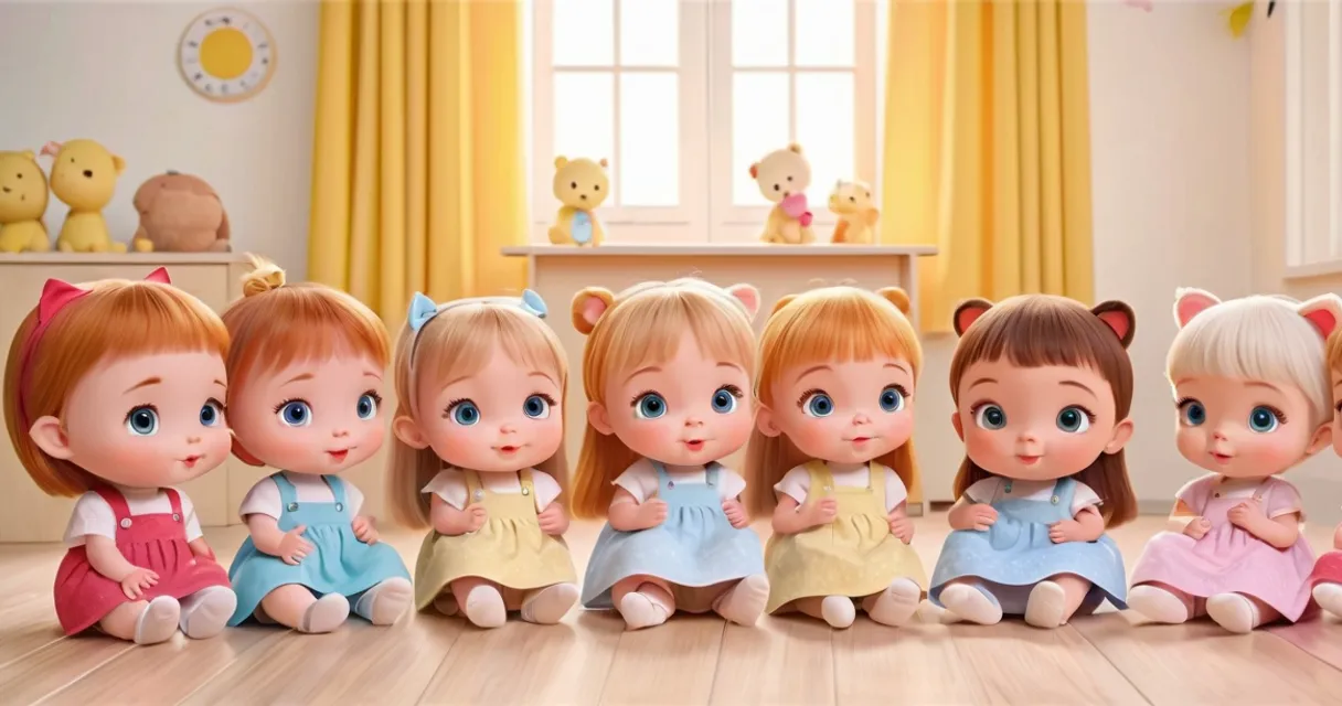 a group of little girls sitting next to each other, baby dolls, beautiful, dolls are playing, dolls are smilling