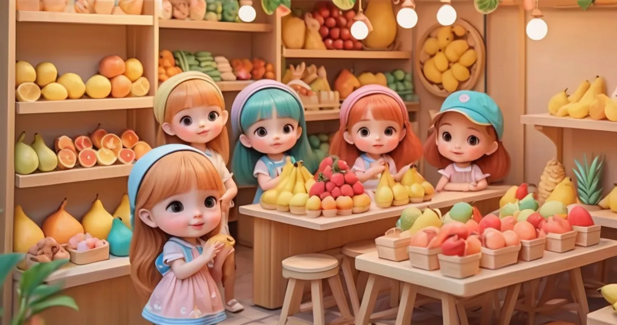 a group of little girls standing in front of a fruit stand, baby dolls, beautiful, dolls are playing, dolls are smilling