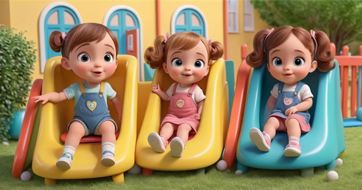 a couple of kids sitting on top of a slide, baby dolls, beautiful, dolls are playing, dolls are smilling