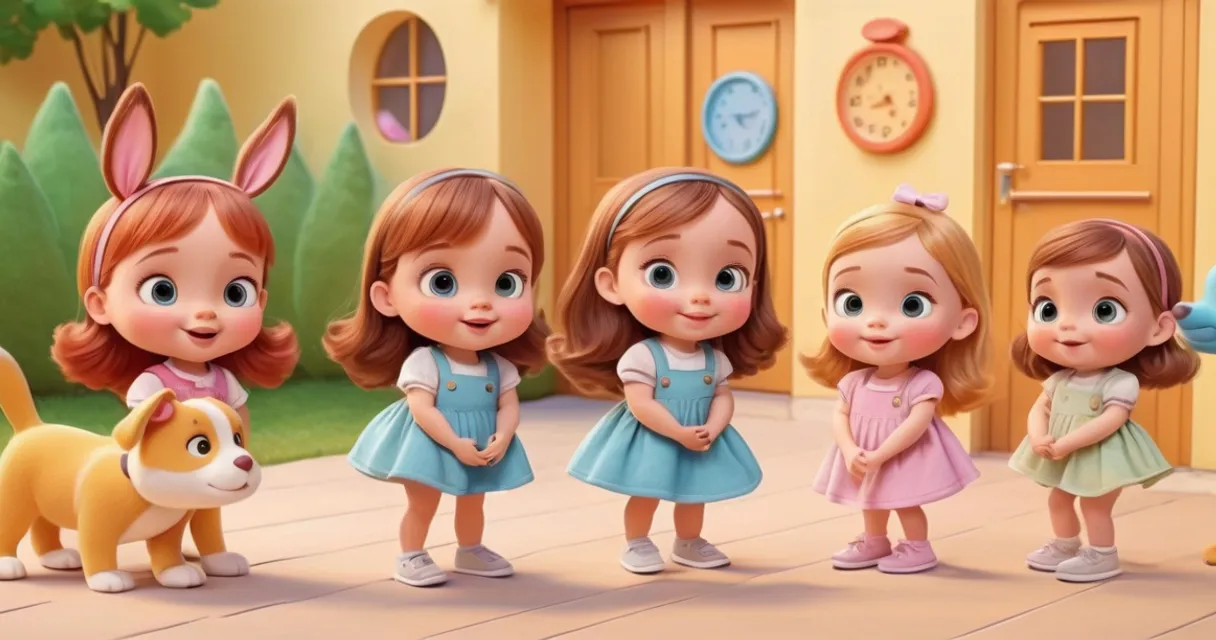 a group of little girls standing next to each other, baby dolls, beautiful, dolls are playing, dolls are smilling