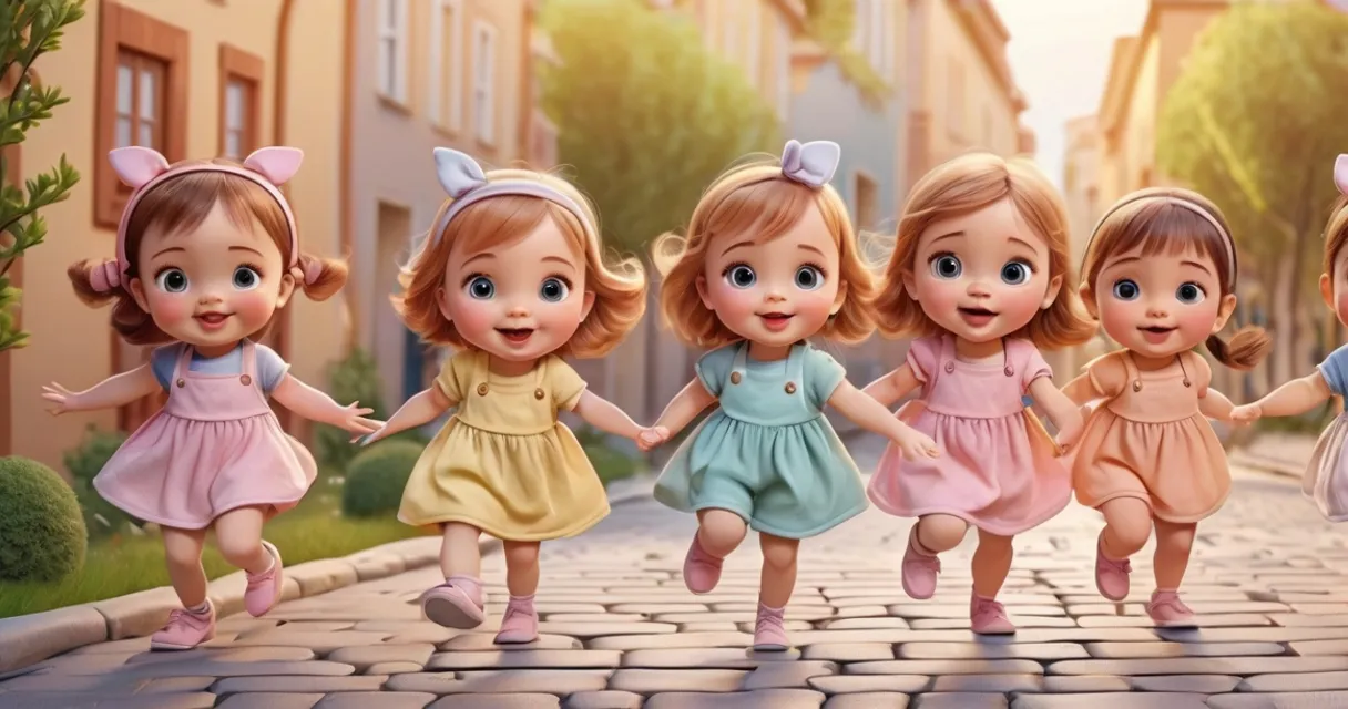 a group of little girls walking down a street, baby dolls, beautiful, dolls are playing, dolls are smilling