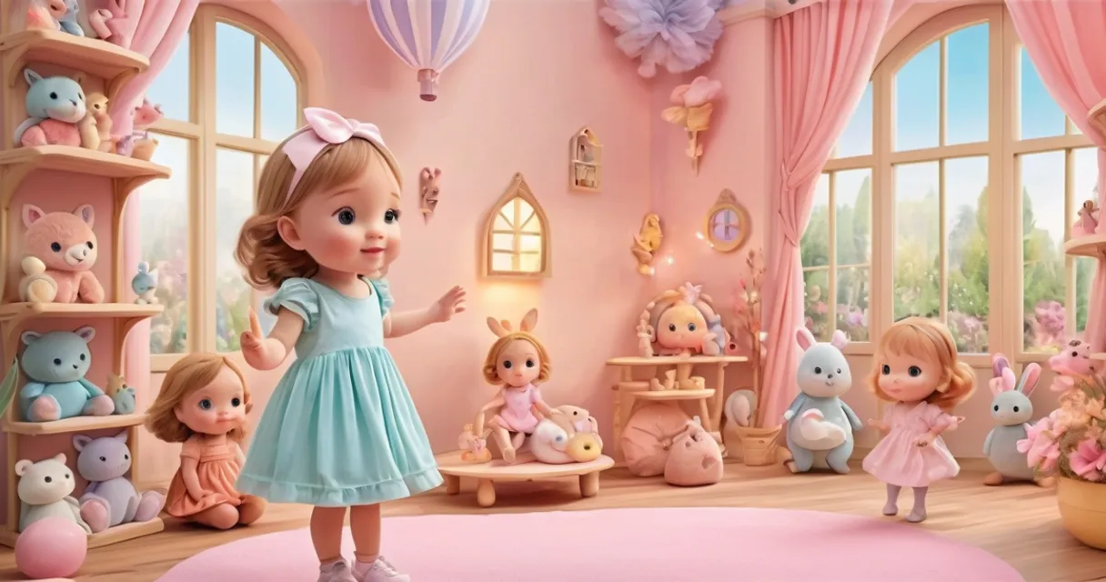 a little girl standing in front of a room filled with stuffed animals, baby dolls, beautiful, dolls are playing, dolls are smilling