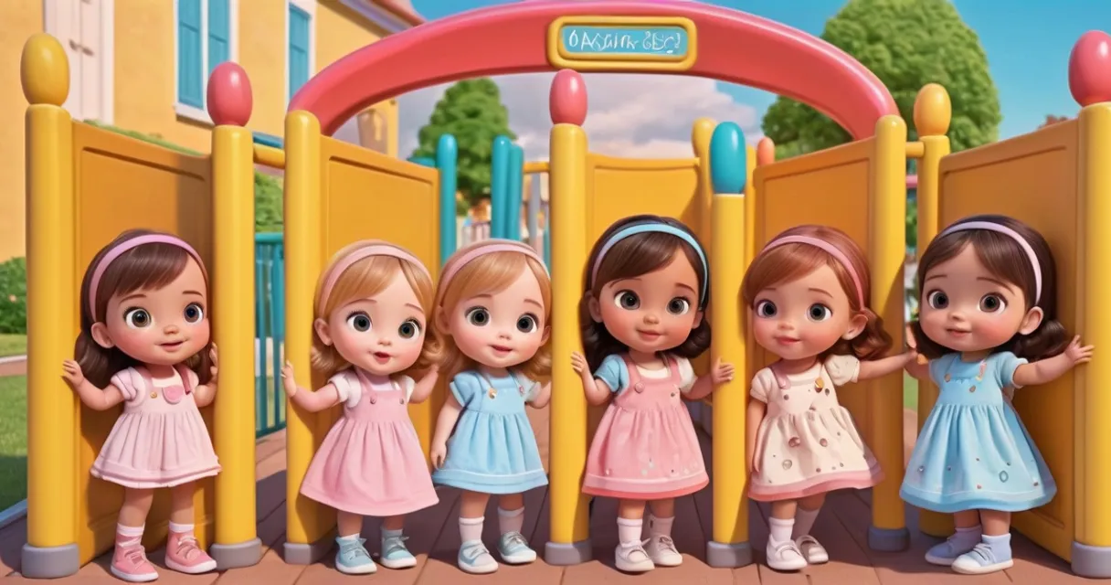 a group of little girls standing next to each other, baby dolls, beautiful, dolls are playing, dolls are smilling