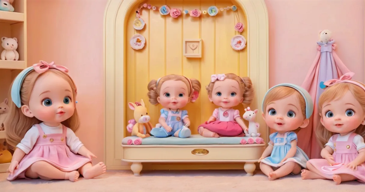 a group of little girls sitting next to each other, baby dolls, beautiful, dolls are playing, dolls are smilling