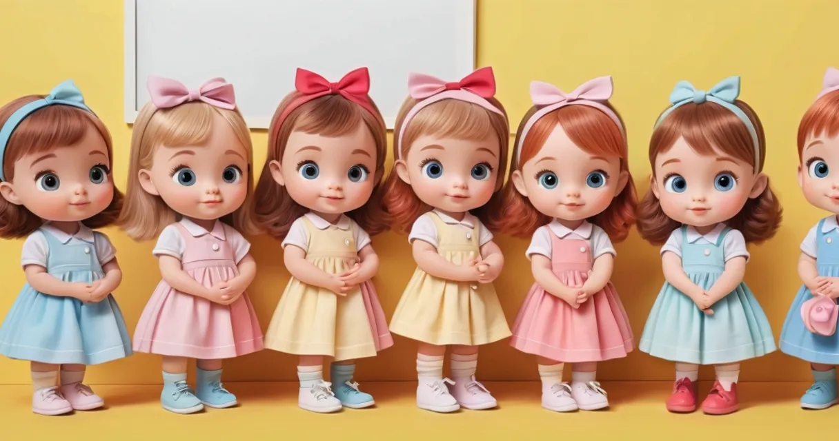 a group of little girls standing next to each other, baby dolls, beautiful, dolls are playing, dolls are smilling