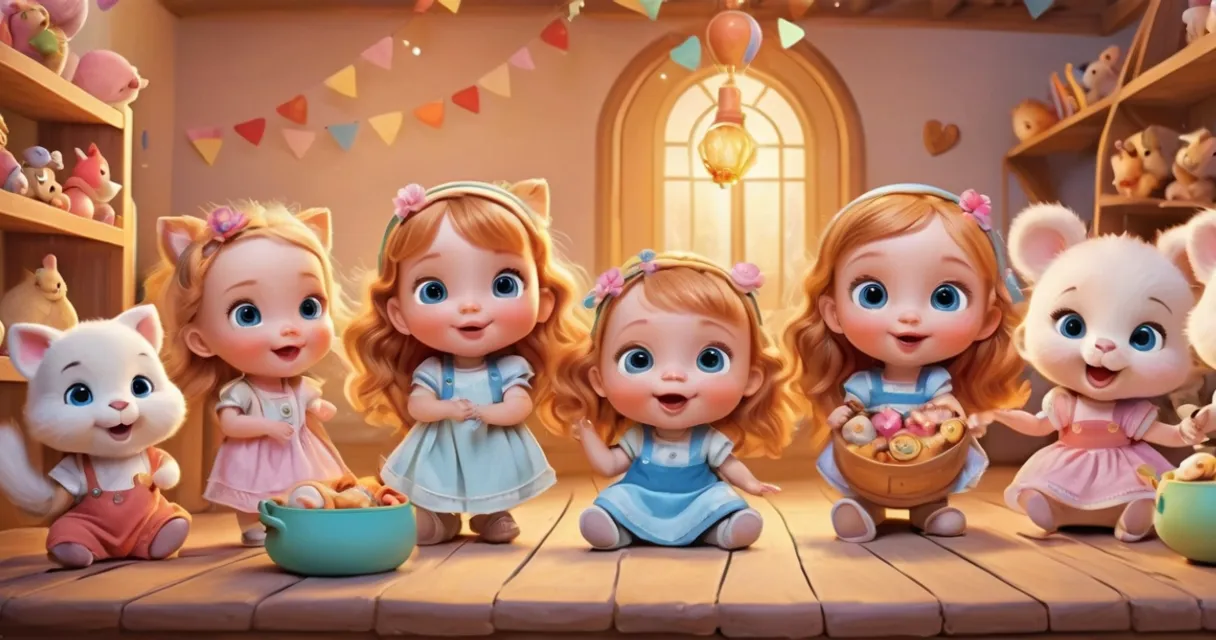 a group of little girls sitting on top of a wooden floor, baby dolls, beautiful, dolls are playing, dolls are smilling