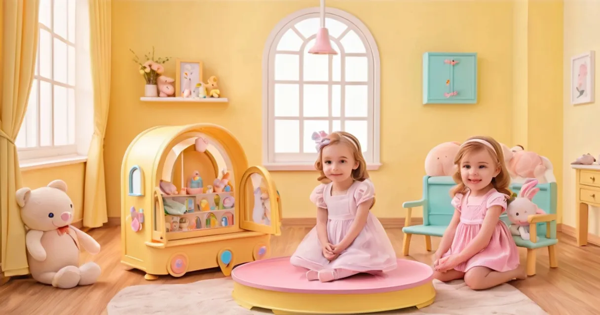 two little girls sitting in a room with toys, baby dolls, beautiful, dolls are playing, dolls are smilling