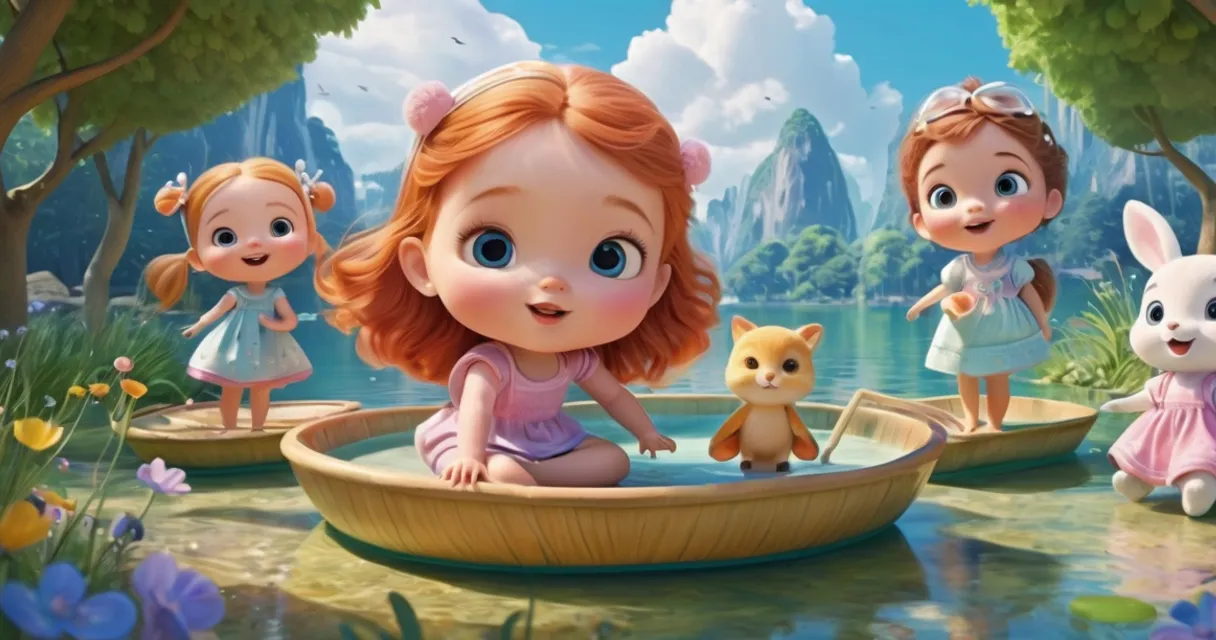 a little girl in a boat surrounded by other little animals, baby dolls, beautiful, dolls are playing, dolls are smilling