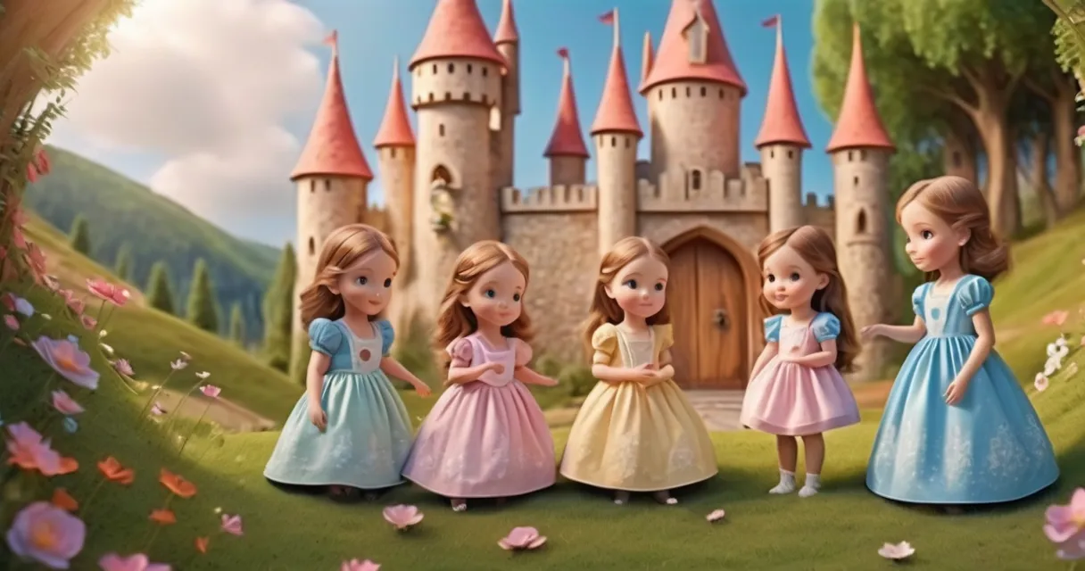 a group of little girls standing in front of a castle, baby dolls, beautiful, dolls are playing, dolls are smilling