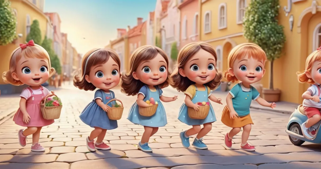 a group of little girls walking down a street, baby dolls, beautiful, dolls are playing, dolls are smilling