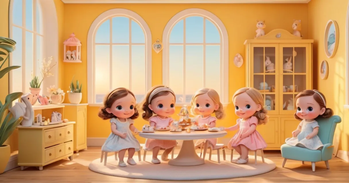 a group of little girls sitting around a table, baby dolls, beautiful, dolls are playing, dolls are smilling