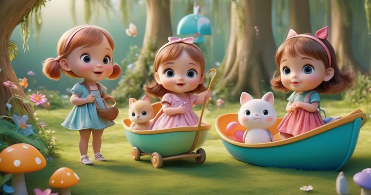 a group of little girls standing next to each other in a forest, baby dolls, beautiful, dolls are playing, dolls are smilling