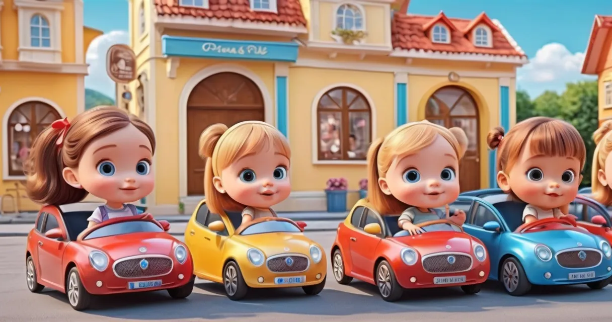 a group of little girls riding on top of a toy car, baby dolls, beautiful, dolls are playing, dolls are smilling