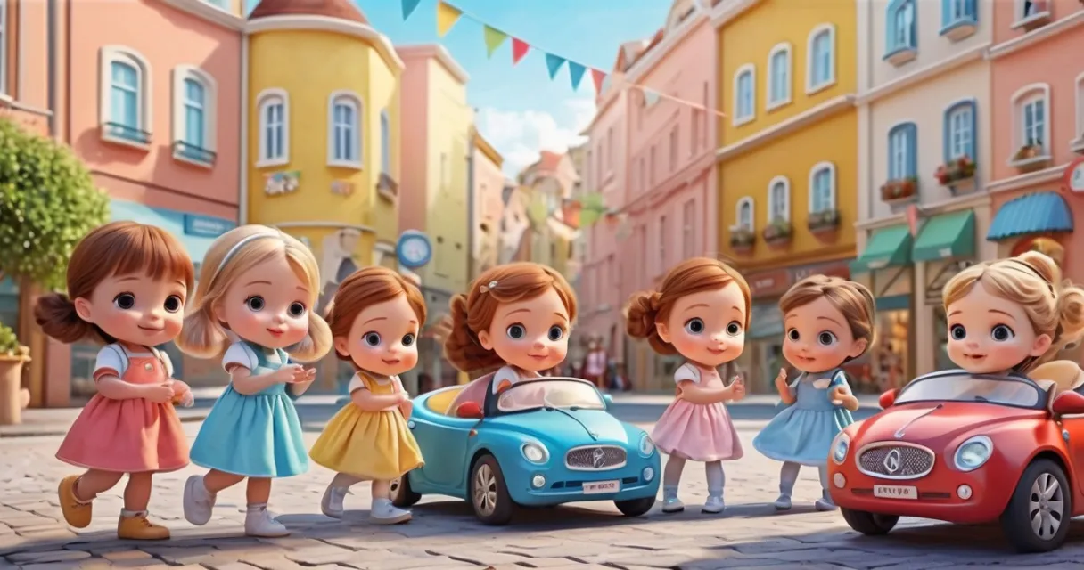 a group of little girls standing in front of a car, baby dolls, beautiful, dolls are playing, dolls are smilling