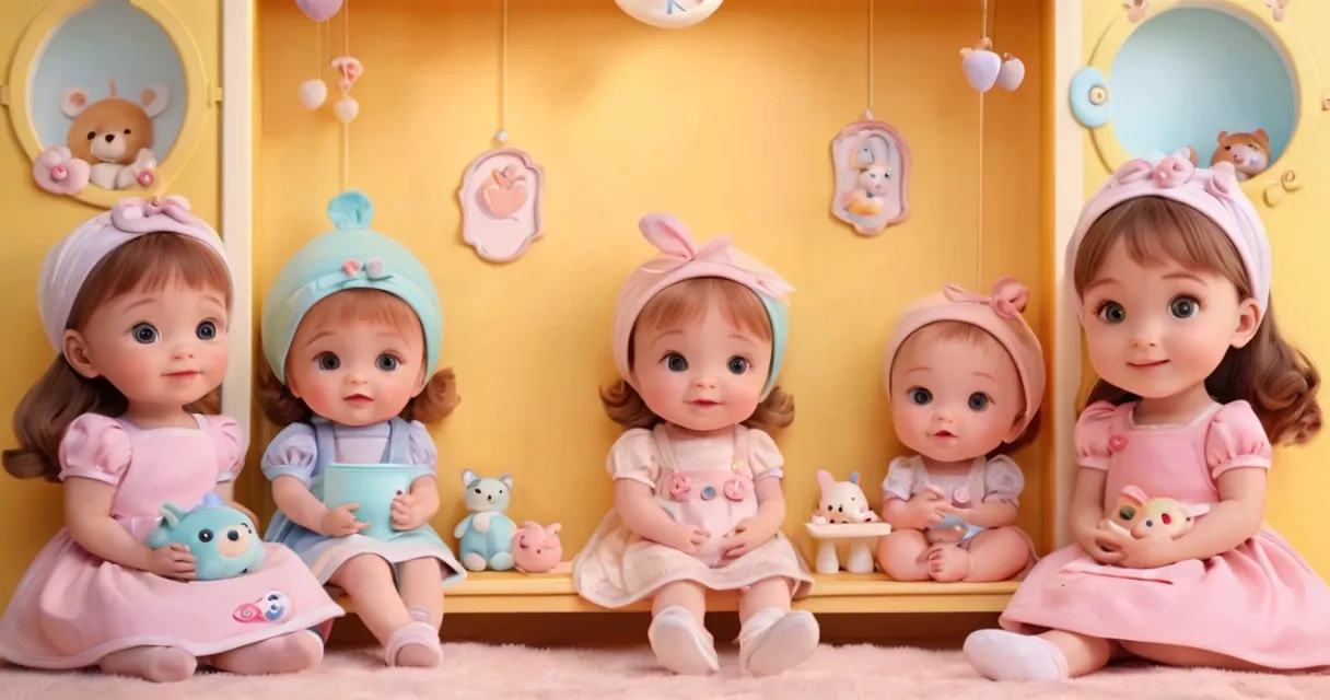 a group of little girls sitting next to each other, baby dolls, beautiful, dolls are playing, dolls are smilling