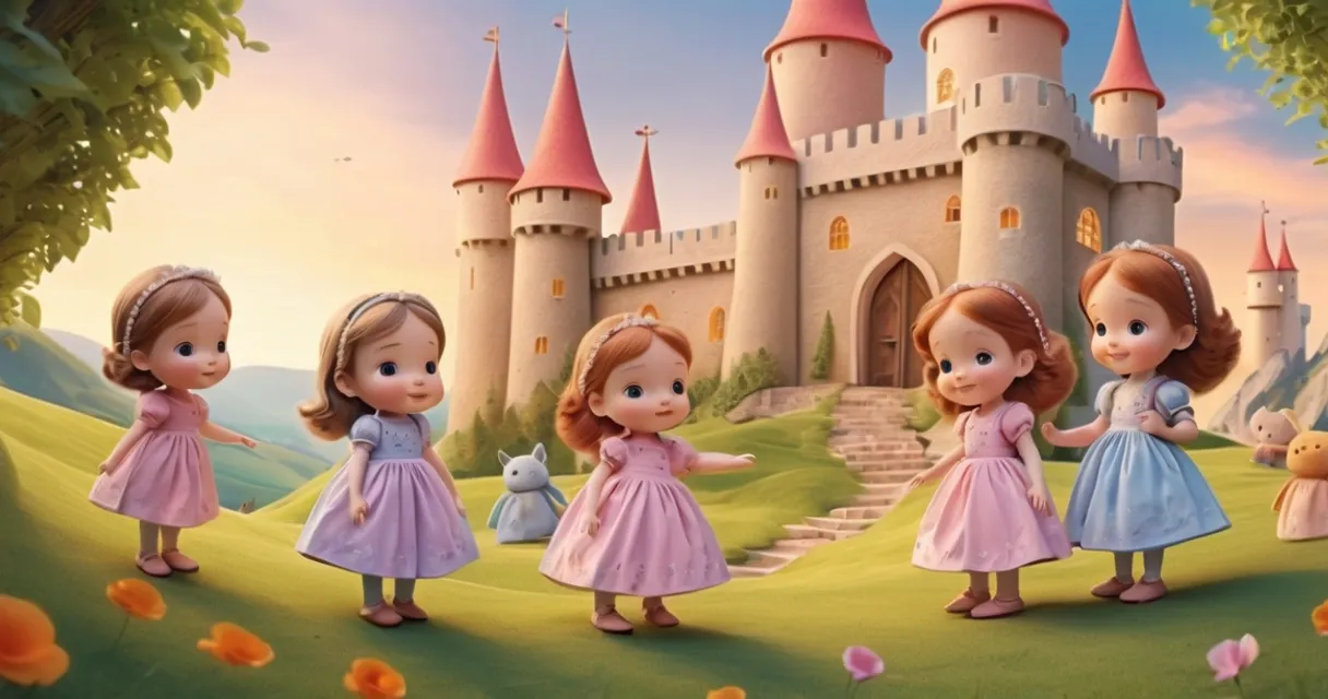 a group of little girls standing in front of a castle, baby dolls, beautiful, dolls are playing, dolls are smilling