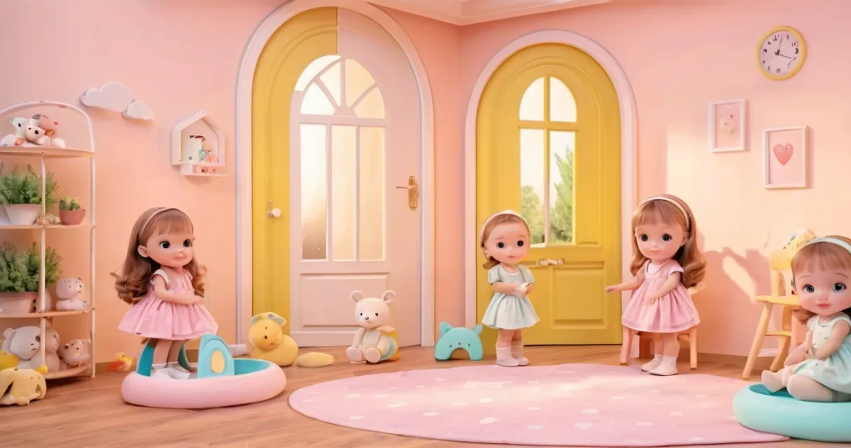 a group of dolls that are sitting in a room, baby dolls, beautiful, dolls are playing, dolls are smilling