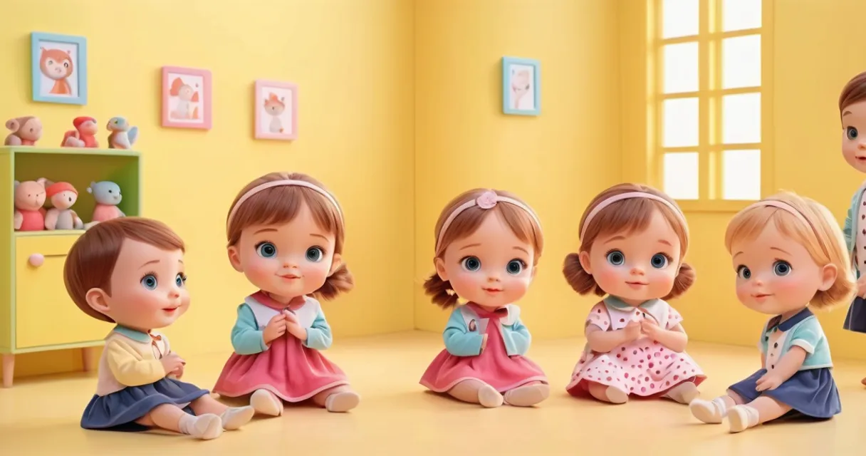 a group of little girls sitting next to each other, baby dolls, beautiful, dolls are playing, dolls are smilling