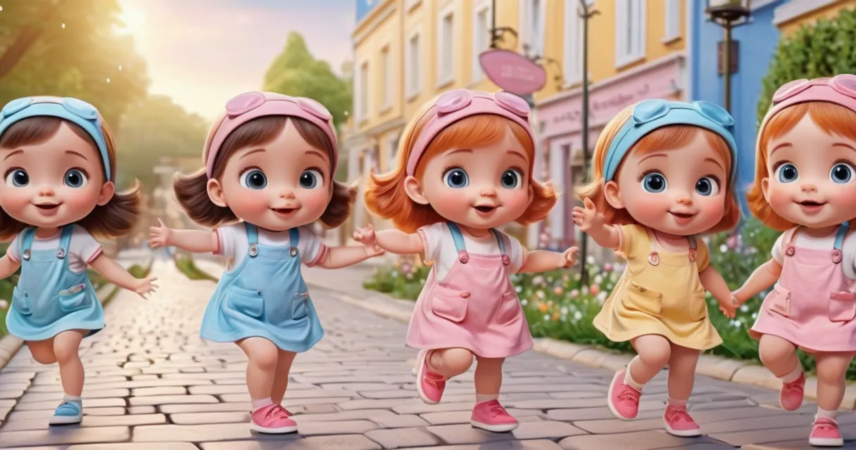 a group of little girls walking down a street, baby dolls, beautiful, dolls are playing, dolls are smilling