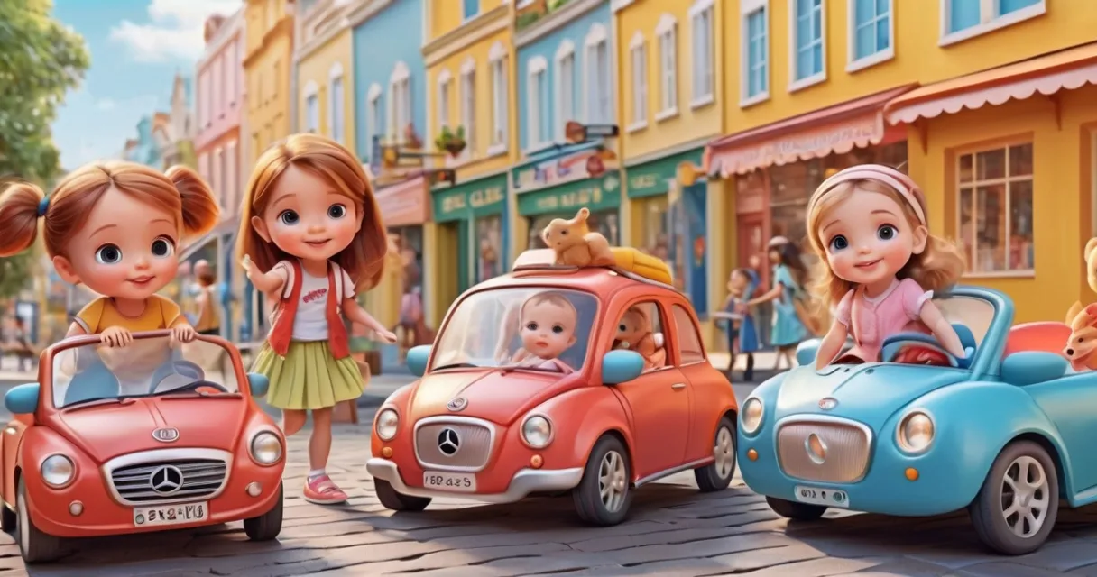 a group of little girls riding on top of small cars, baby dolls, beautiful, dolls are playing, dolls are smilling