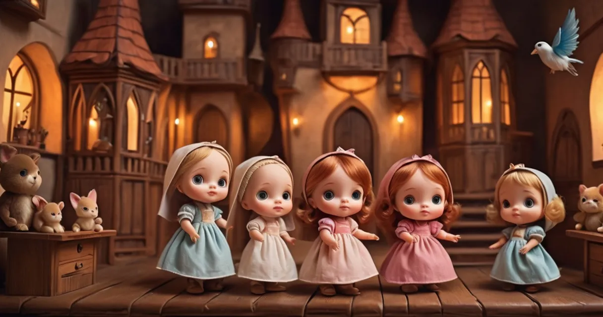 a group of little girls standing next to each other in front of a castle, baby dolls, beautiful, dolls are playing, dolls are smilling