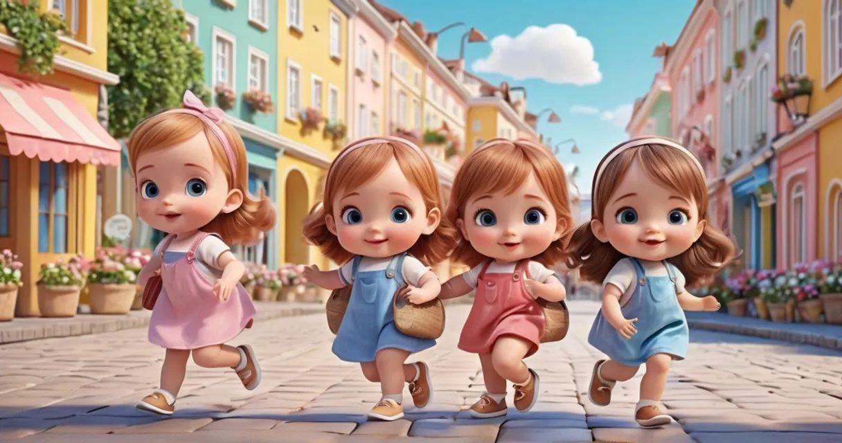 a group of little girls walking down a street, baby dolls, beautiful, dolls are playing, dolls are smilling