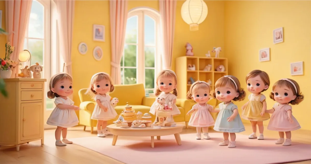 a group of dolls that are standing in a room, baby dolls, beautiful, dolls are playing, dolls are smilling