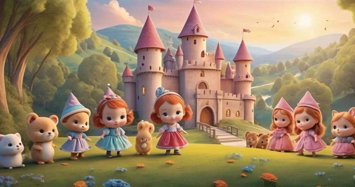 a group of little girls standing in front of a castle, baby dolls, beautiful, dolls are playing, dolls are smilling