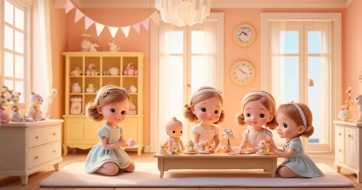 a group of little girls sitting on top of a table, baby dolls, beautiful, dolls are playing, dolls are smilling