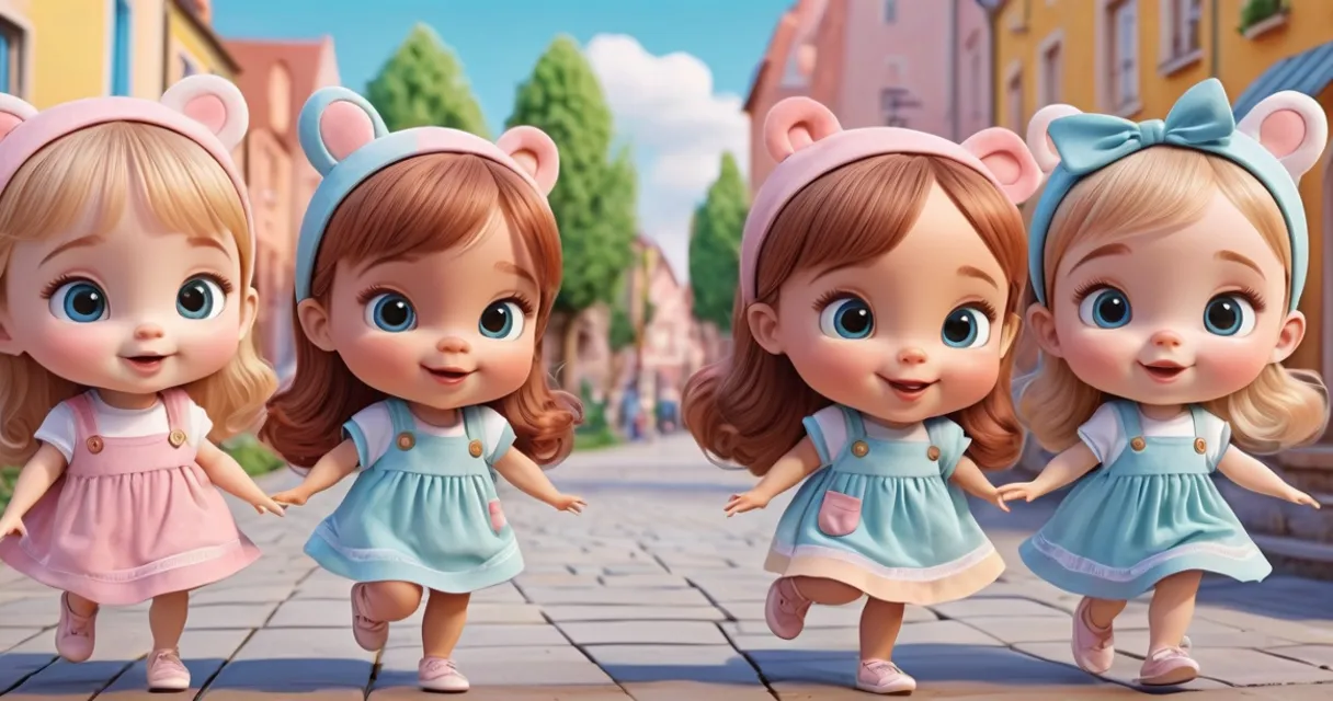 a group of little girls walking down a street, baby dolls, beautiful, dolls are playing, dolls are smilling