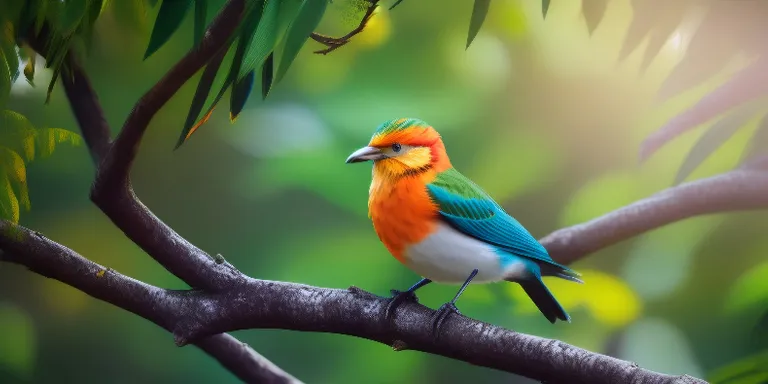 a colorful bird perched on a tree branch, Waterfall in the background, Anime