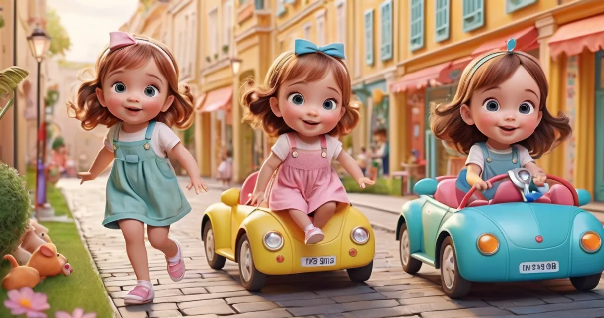 a group of little girls riding on top of a toy car, baby dolls, beautiful, dolls are playing, dolls are smilling