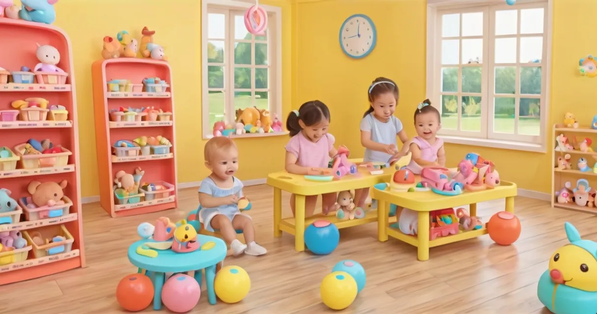 a group of children playing with toys in a room, baby dolls, beautiful, dolls are playing, dolls are smilling