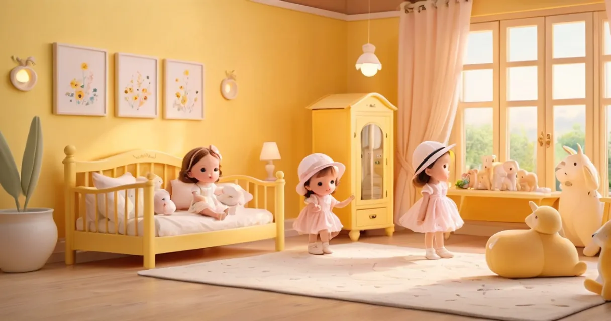 a child's bedroom with yellow walls and furniture, baby dolls, beautiful, dolls are playing, dolls are smilling