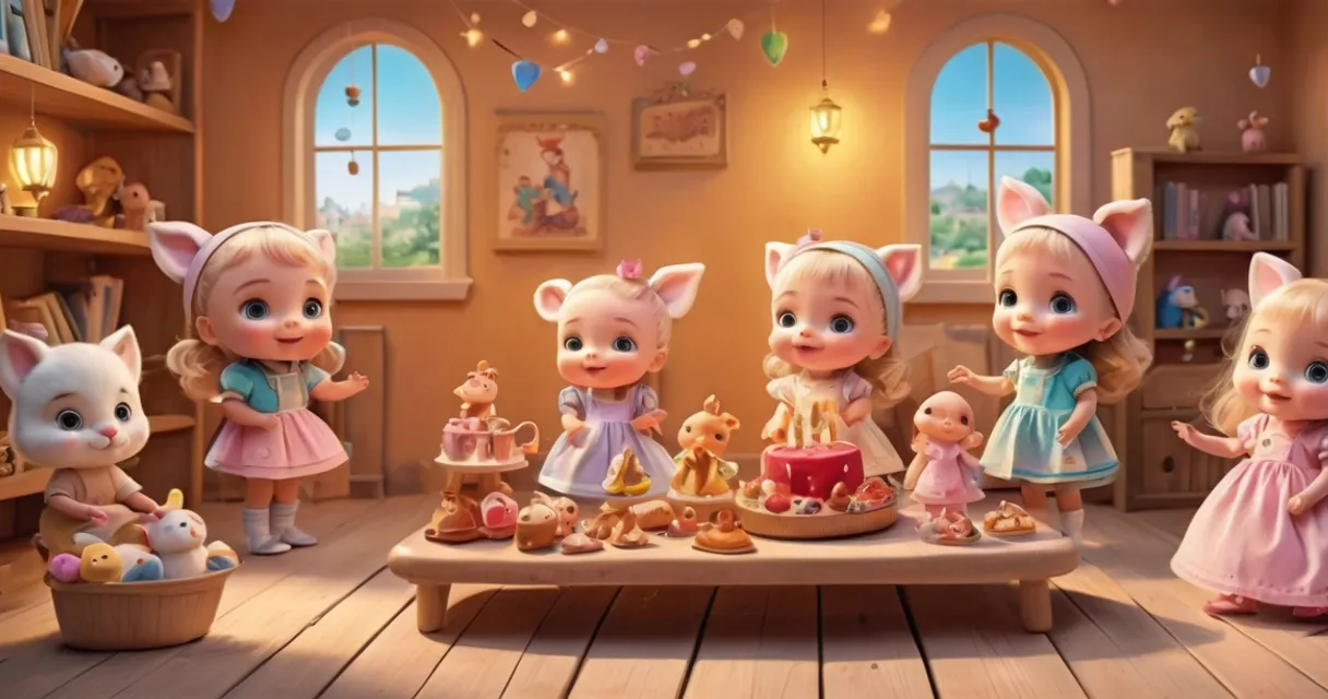 a group of little pigs standing around a table, baby dolls, beautiful, dolls are playing, dolls are smilling