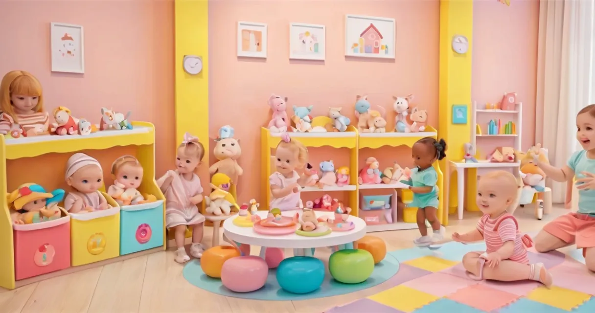 a child's play room with toys and dolls, baby dolls, beautiful, dolls are playing, dolls are smilling