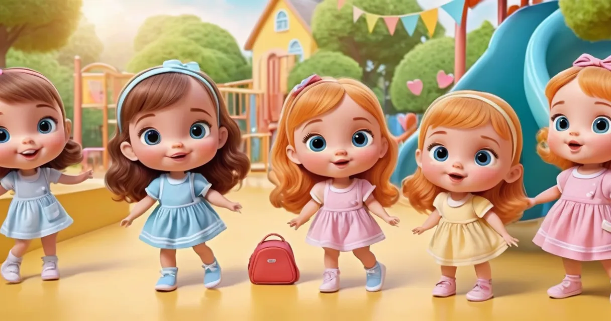 a group of little girls standing next to each other, baby dolls, beautiful, dolls are playing, dolls are smilling