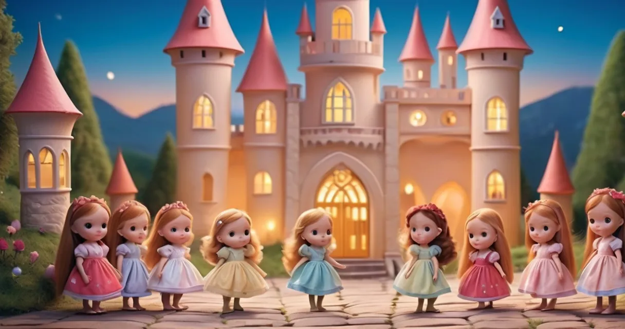 a group of little girls standing in front of a castle, baby dolls, beautiful, dolls are playing, dolls are smilling