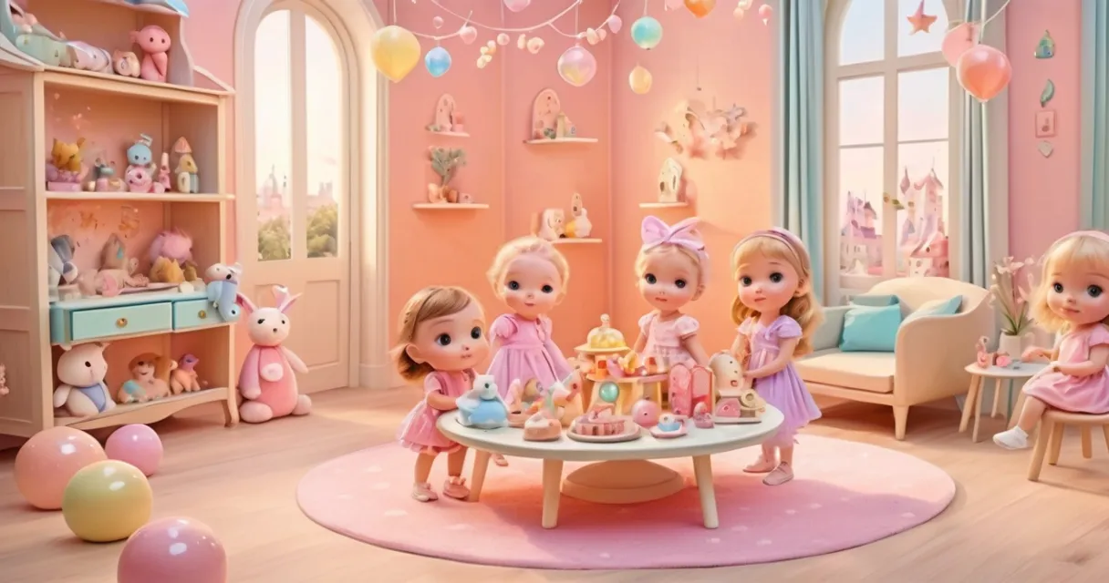 a group of little girls sitting around a table, baby dolls, beautiful, dolls are playing, dolls are smilling