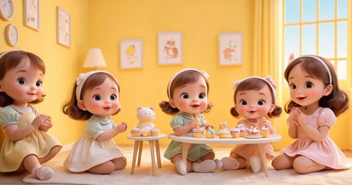 a group of little girls sitting around a table, baby dolls, beautiful, dolls are playing, dolls are smilling