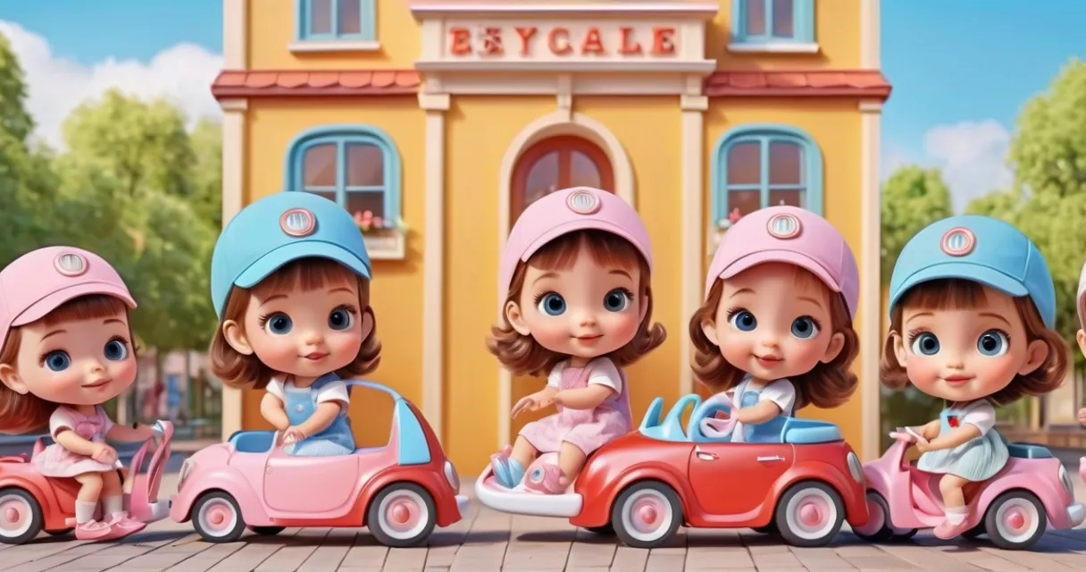 a group of little girls riding on top of a toy car, baby dolls, beautiful, dolls are playing, dolls are smilling