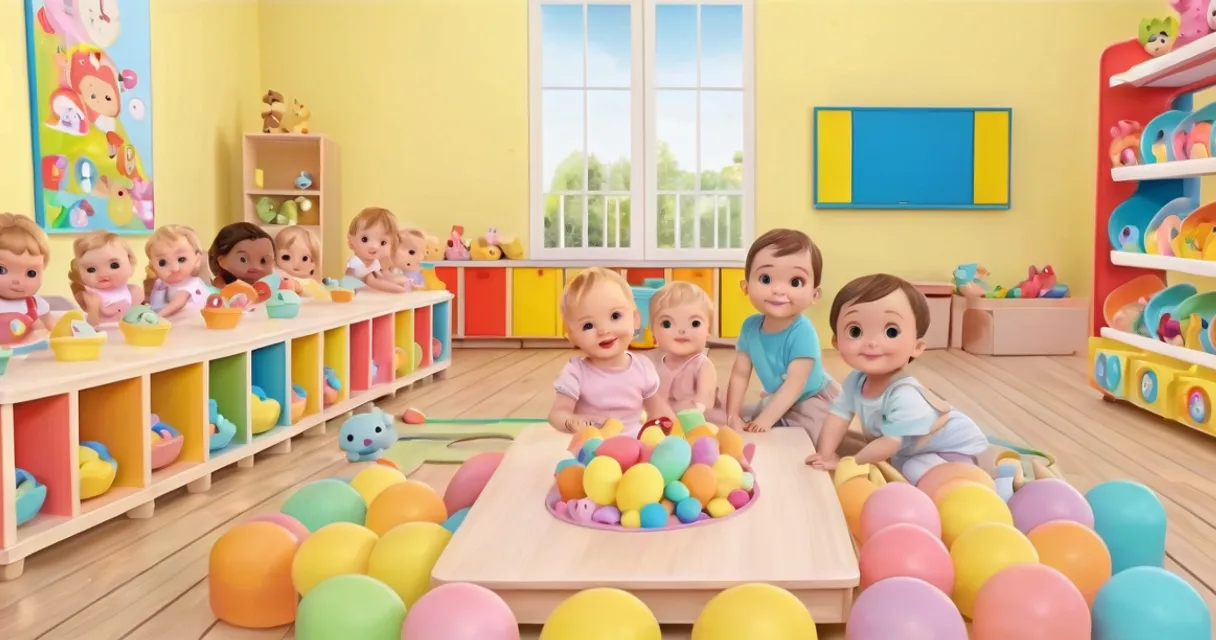 a room filled with lots of toys and children, baby dolls, beautiful, dolls are playing, dolls are smilling