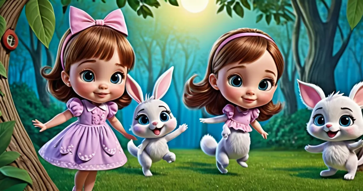a girl in a pink dress is surrounded by rabbits, dolls, baby dolls, beautiful, dolls are playing, dolls are smilling
