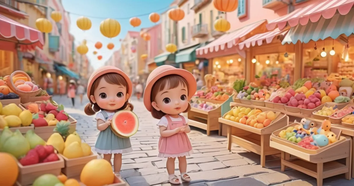 two little girls standing in front of a fruit stand, baby dolls, beautiful, dolls are playing, dolls are smilling