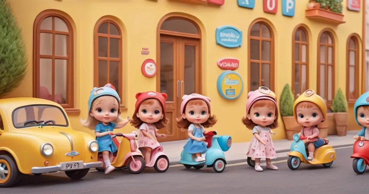 a group of little girls riding on the back of a toy car, baby dolls, beautiful, dolls are playing, dolls are smilling