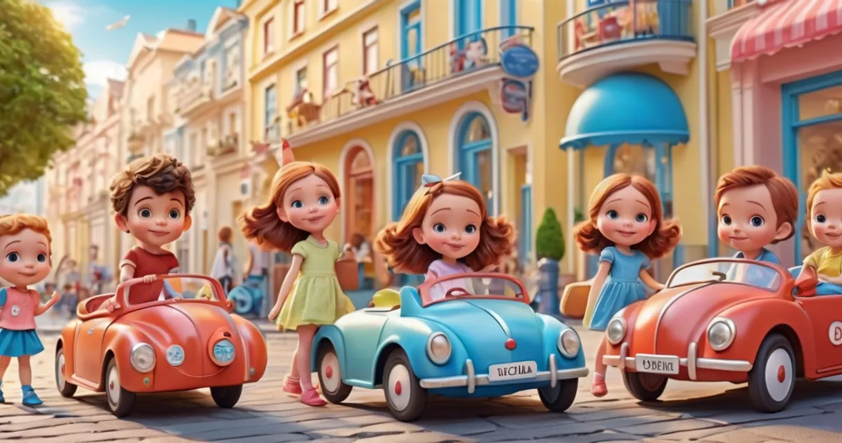 a group of children riding in a toy car, baby dolls, beautiful, dolls are playing, dolls are smilling